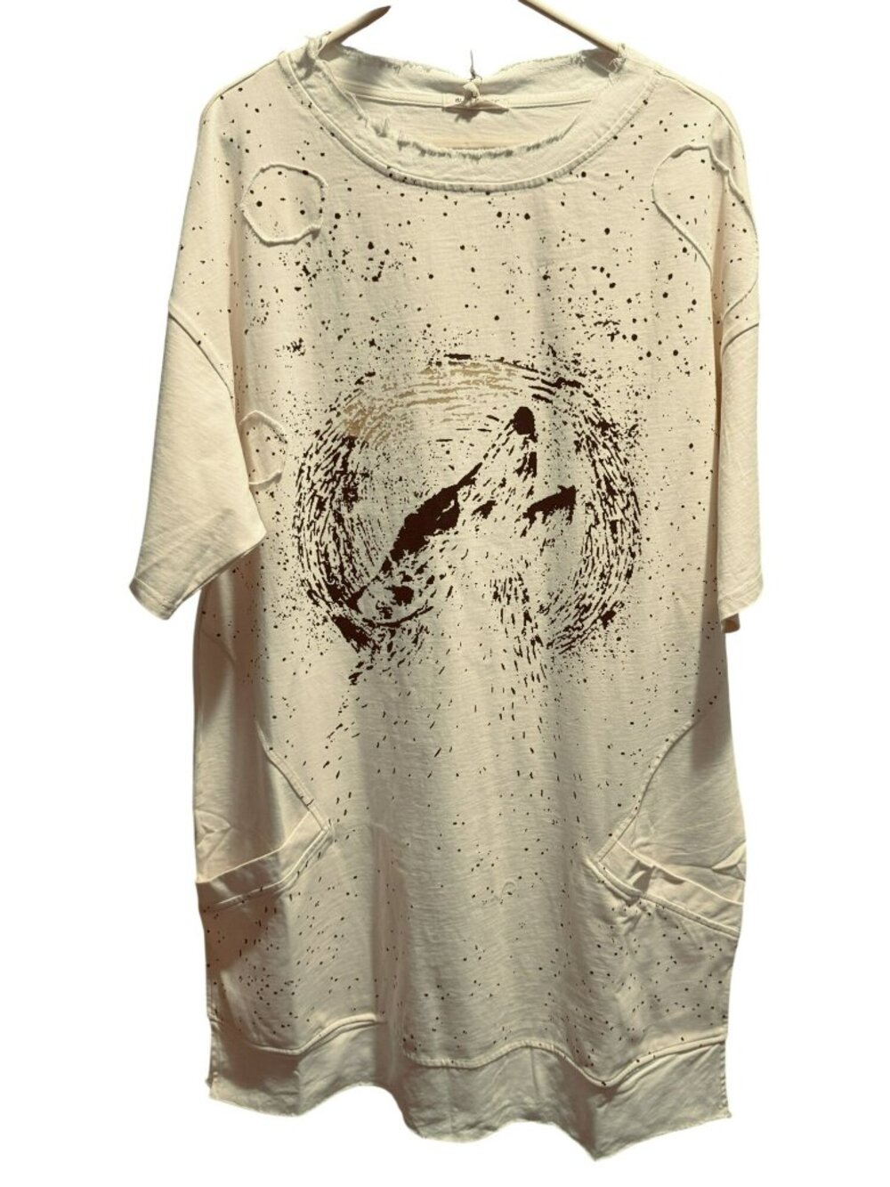 Blue Velvet Oversized XL Splatter Wolf Graphic Cream Tunic Top/Dress Raw Edges